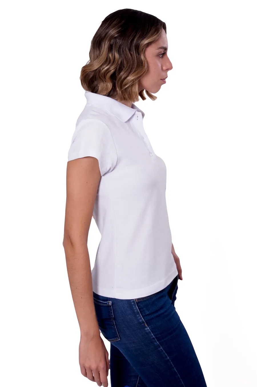 Playera tipo polo para dama color blanco, 100% algodón, vista lateral