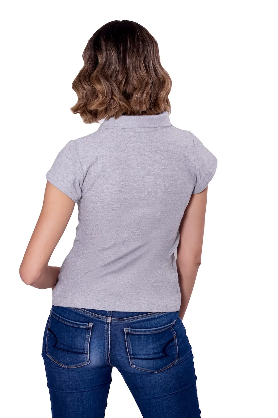 Playera tipo polo para dama color gris jaspe, 100% algodón, detalle de tela