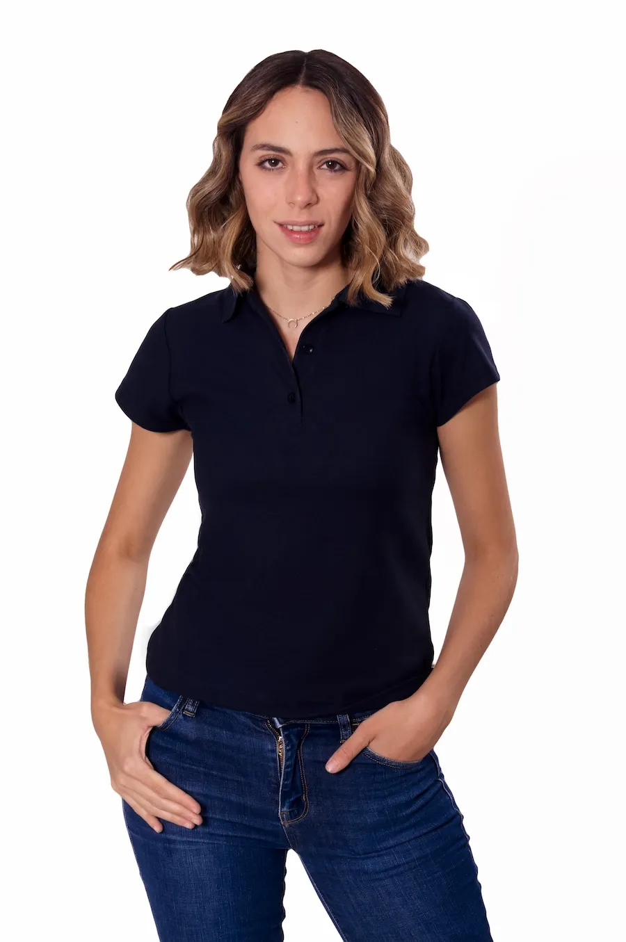 Playera tipo polo para dama color negro, 100% algodón, vista frontal