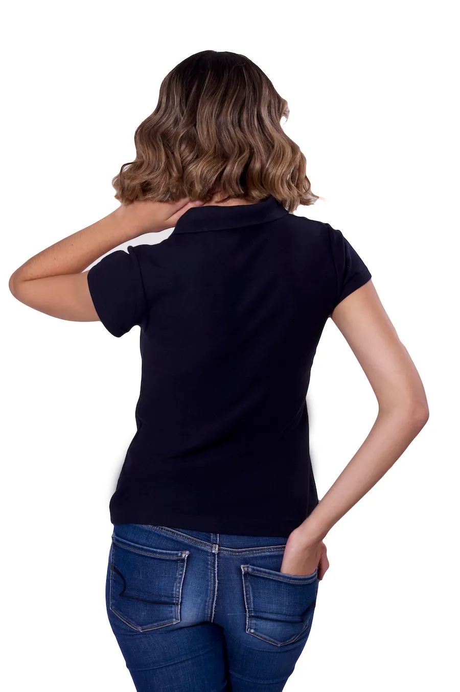 Playera tipo polo para dama color negro, 100% algodón, detalle de tela y cuello